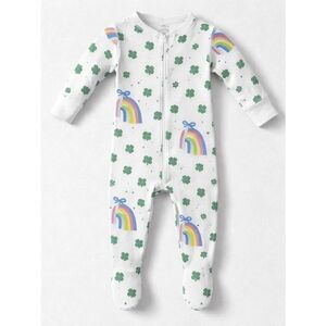The Beaufort Bonnet Company shamrock bows and rainbows print footie NWOT o/3 m